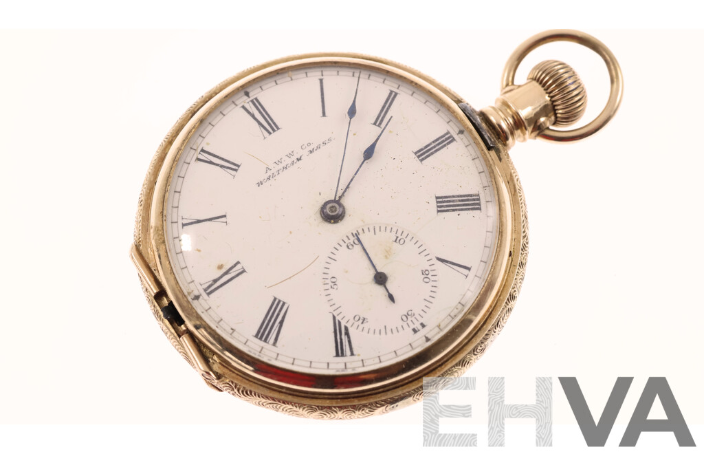 Vintage AWW Co. Waltham Mass 40mm Hunters Pocket Watch Missing Front Casing, Hallmarked 14K, 44.98 Grams Total