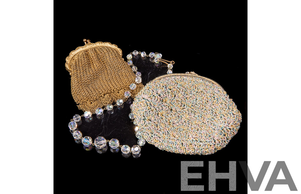 Vintage Gold Tone Mesh Coin Purse, Muted Multi Coloured Coin Purse and Aurora Borealis Crystal Necklace