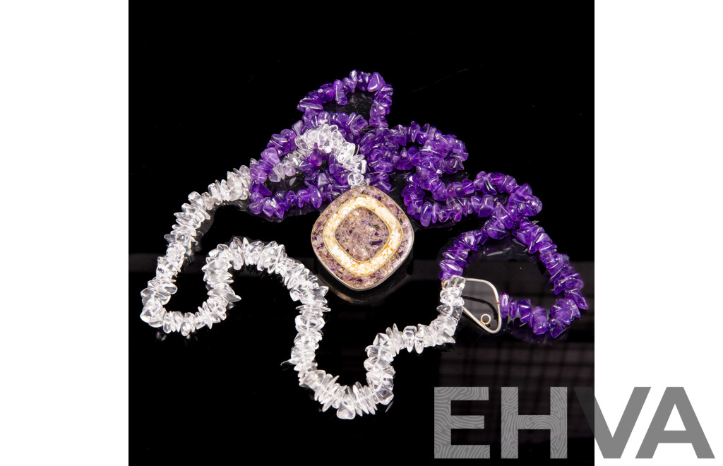 Vintage Triple Strand Necklace with Polished Amethyst & Quartz and Mosaic Clasp, 45cm