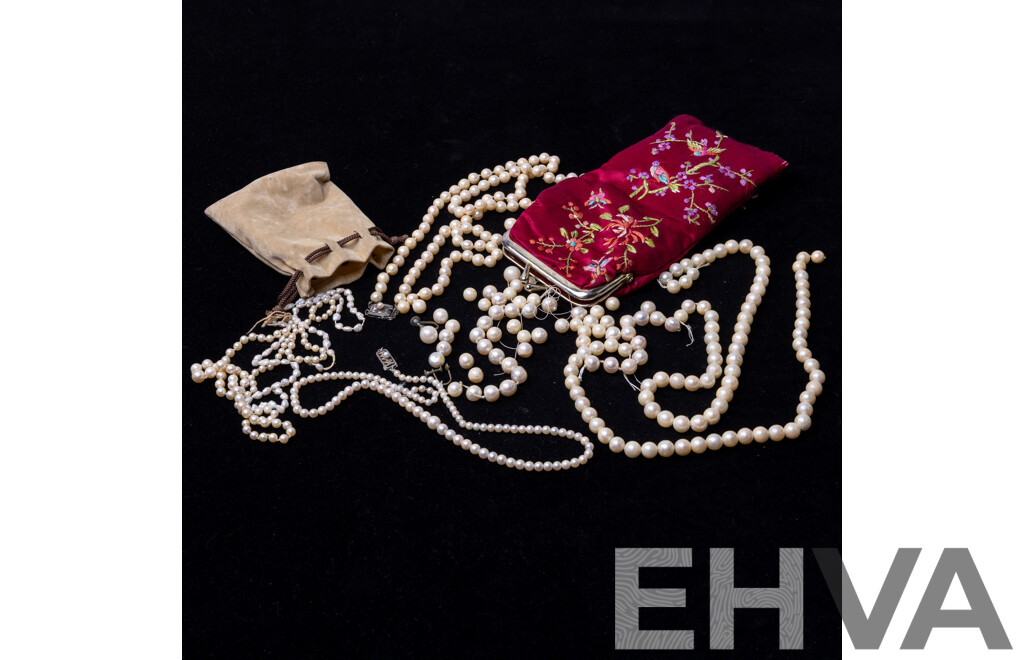 Collection of Broken Cultured Pearl Strands with Two Silver Clasps in Red Chinese Style Elongated Purse & Broken Pearl Strands in Beige Pouch