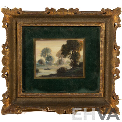 Artist Unknown, Boat Ride, Wonderful Vintage Miniature Oil on Board, Beautiful Ornate Gold Frame with Green Velvet Trim, 19 x 21 cm (frame)