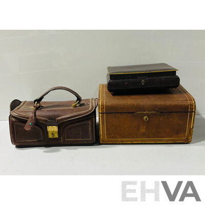 Vintage Leather Covered Scottish Jewellery Box, Antique Heavy Leather Bag and Another Jewellery Box