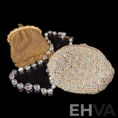 Vintage Gold Tone Mesh Coin Purse, Muted Multi Coloured Coin Purse and Aurora Borealis Crystal Necklace