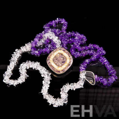 Vintage Triple Strand Necklace with Polished Amethyst & Quartz and Mosaic Clasp, 45cm