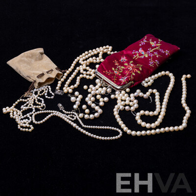 Collection of Broken Cultured Pearl Strands with Two Silver Clasps in Red Chinese Style Elongated Purse & Broken Pearl Strands in Beige Pouch