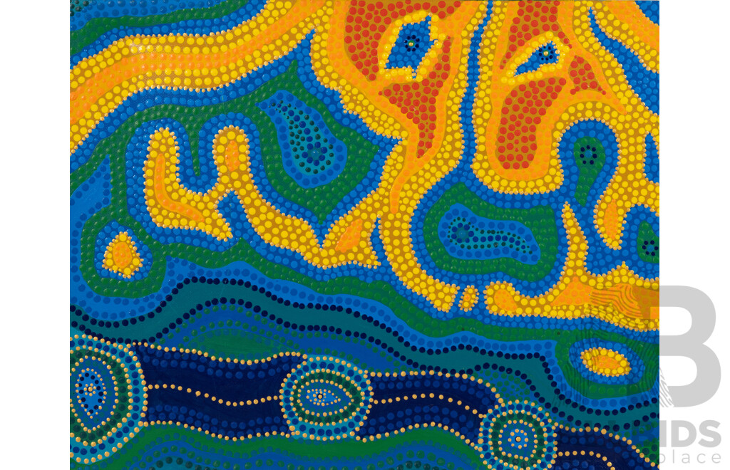 John McFadden (JackMac) (20th Century, Indigenous-Australian), Alchemy 8 Coastal Spirits, Dingo King + King Serpent Creator Being & Alchemy 9 Defence/Opposition, Water Witch, Original Pair of Acrylic on Canvas, 40 x 51 cm (2)