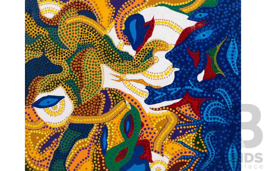 John McFadden (JackMac) (20th Century, Indigenous-Australian), Alchemy 8 Coastal Spirits, Dingo King + King Serpent Creator Being & Alchemy 9 Defence/Opposition, Water Witch, Original Pair of Acrylic on Canvas, 40 x 51 cm (2)