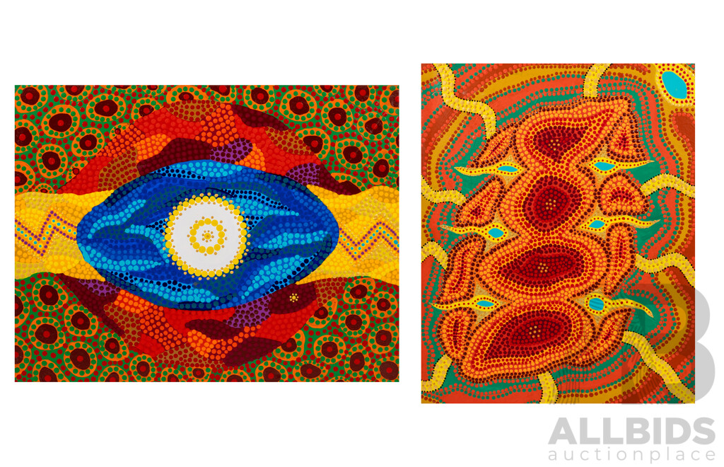 John McFadden (JackMac) (20th C., Indigenous-Australian), Alchemy 4 Naughty Boy Runs From Initiation & Alchemy 6 Eye of Biami, Lovely Pair of Acrylic on Canvas, 51 x 41 cm & 35 x 46 cm (2)