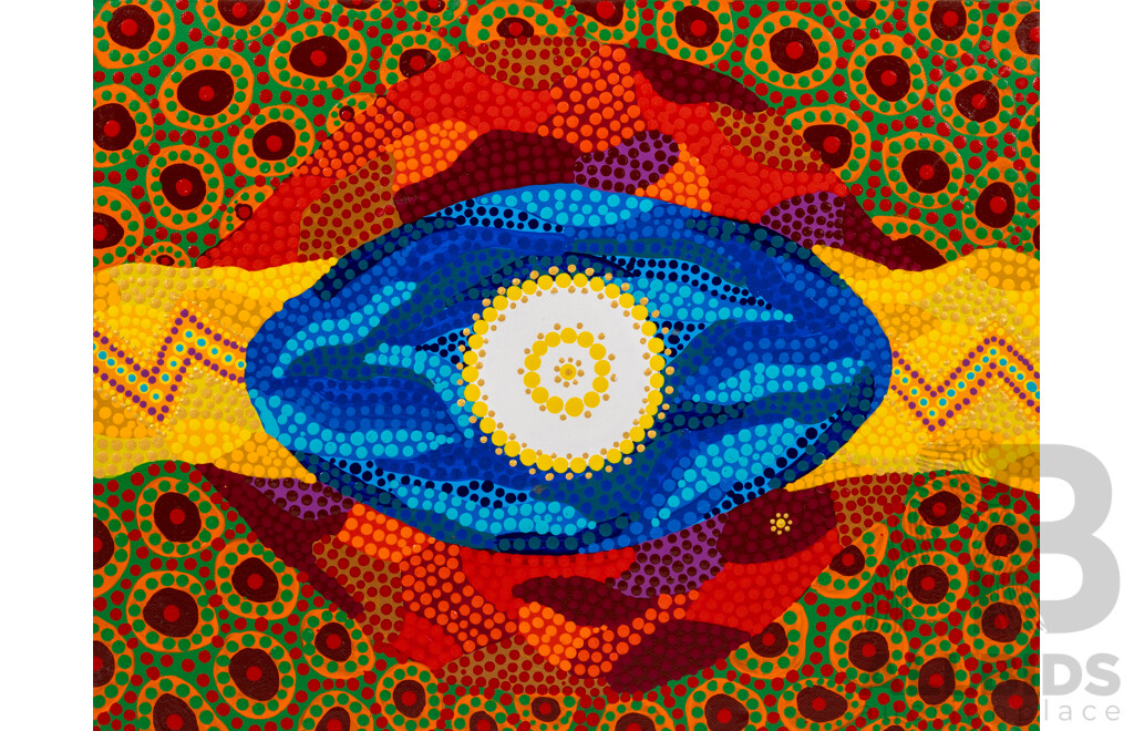 John McFadden (JackMac) (20th C., Indigenous-Australian), Alchemy 4 Naughty Boy Runs From Initiation & Alchemy 6 Eye of Biami, Lovely Pair of Acrylic on Canvas, 51 x 41 cm & 35 x 46 cm (2)