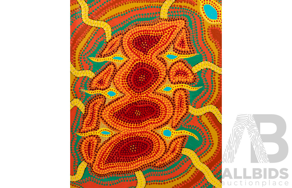 John McFadden (JackMac) (20th C., Indigenous-Australian), Alchemy 4 Naughty Boy Runs From Initiation & Alchemy 6 Eye of Biami, Lovely Pair of Acrylic on Canvas, 51 x 41 cm & 35 x 46 cm (2)
