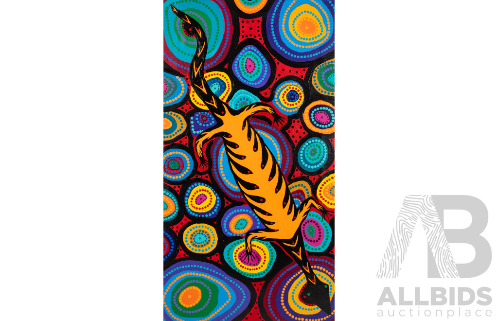 John McFadden (JackMac) (20th Century, Indigenous-Australian), Goanna/Tree/ Enduring (2014), Original Oil on Canvas, 92 x 50 cm