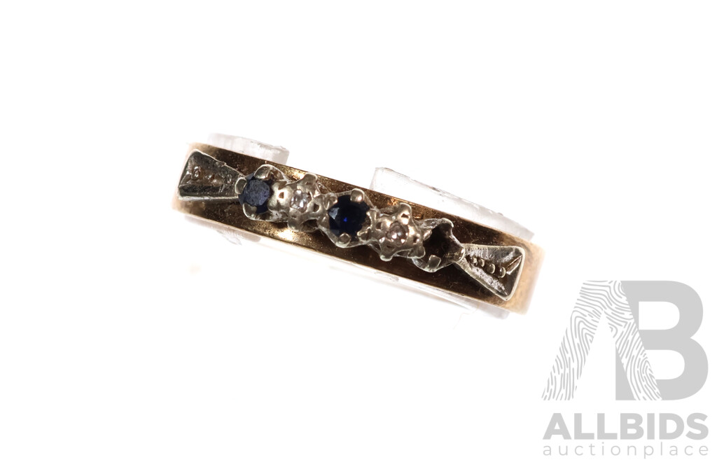 9ct Vintage Sapphire & Diamond Bridge Ring, Size P,  TDW 0.01ct, 2.33 Grams