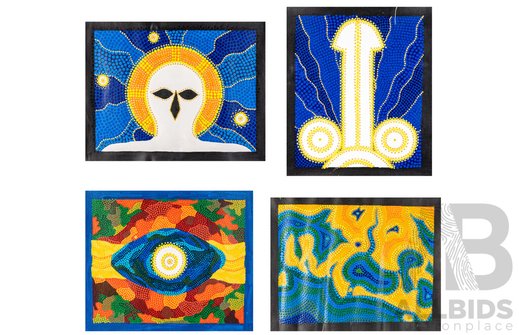 John McFadden (JackMac) (20th Century, Indigenous-Australian), Osiris, Rocky Hole, Dingo King & Untitled, Nice Collection of Four Original Acrylic on Canvases, 40 x 50 cm (largest) (4)