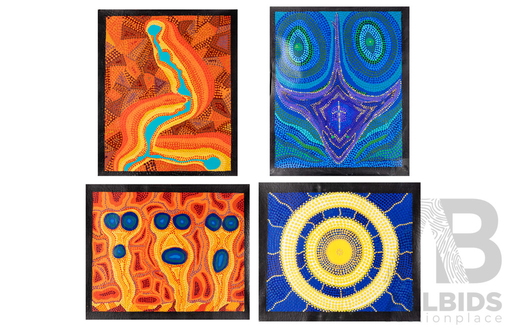 John McFadden (JackMac) (20th Century, Indigenous-Australian), Emu/Stingray/Locust, Dales Gorge. Kennedy Ranges & Full Moon Ningaloo, Wonderful Collection of Four Original Acrylic on Canvases, 40 x 48 cm (4)