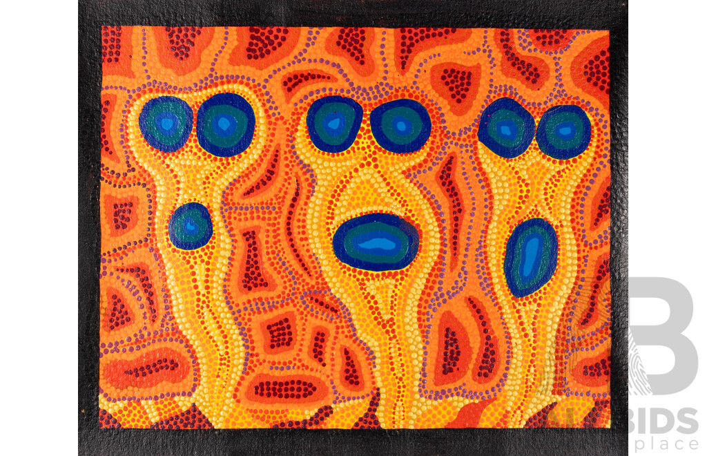 John McFadden (JackMac) (20th Century, Indigenous-Australian), Emu/Stingray/Locust, Dales Gorge. Kennedy Ranges & Full Moon Ningaloo, Wonderful Collection of Four Original Acrylic on Canvases, 40 x 48 cm (4)