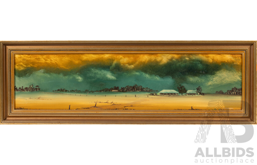 A. Fosberry, (Australian, Date Unknown), Storm Clouds Over The Homestead, Oil on Masonite, 28 x 84 cm (frame)