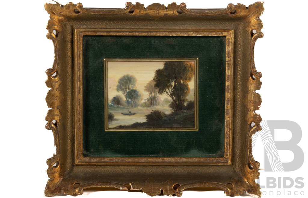 Artist Unknown, Boat Ride, Wonderful Vintage Miniature Oil on Board, Beautiful Ornate Gold Frame with Green Velvet Trim, 19 x 21 cm (frame)