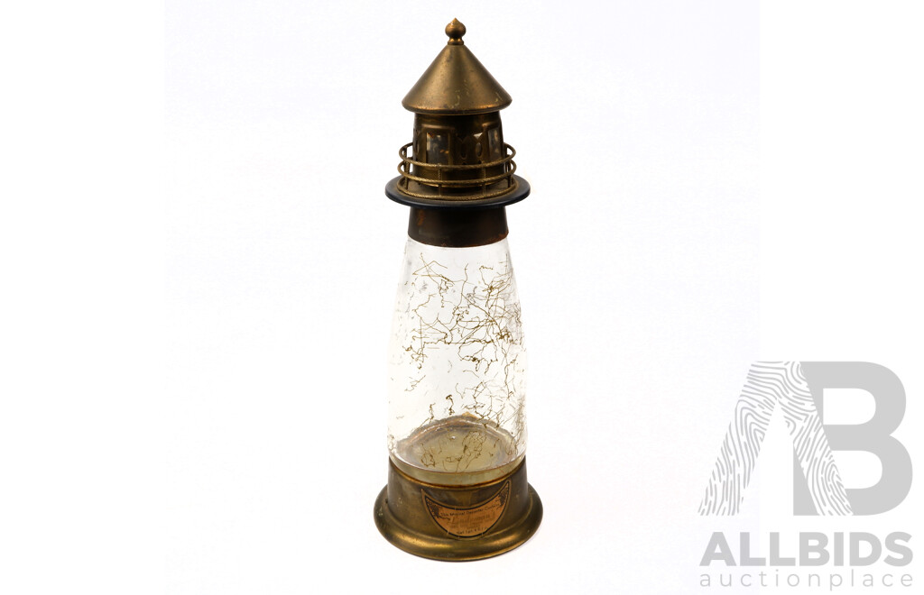 Vintage Lighthouse Form Musical Decanter with Brass Top