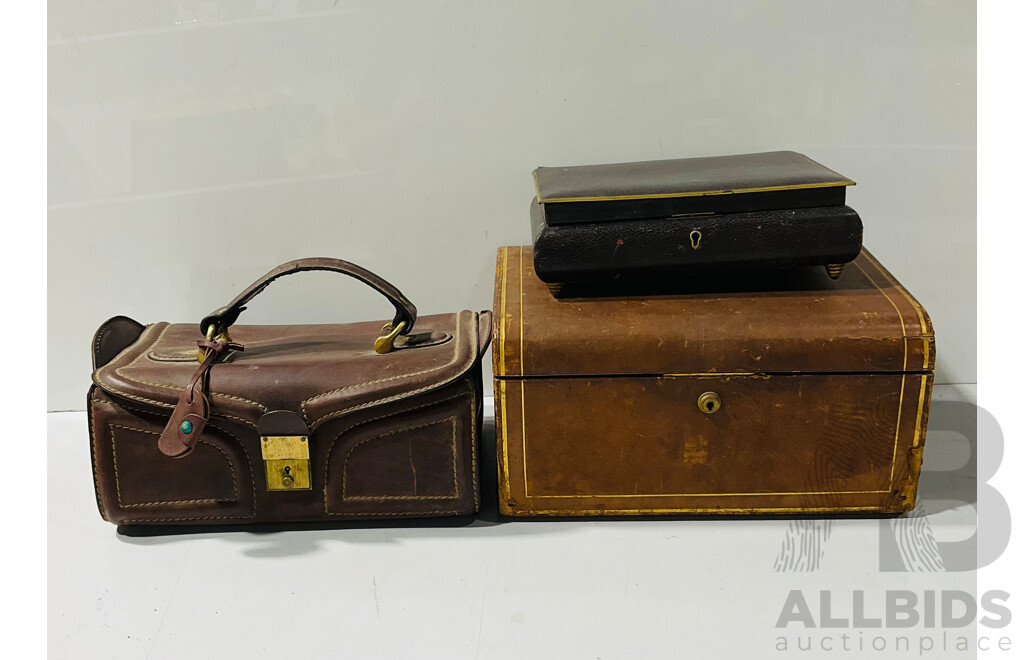 Vintage Leather Covered Scottish Jewellery Box, Antique Heavy Leather Bag and Another Jewellery Box