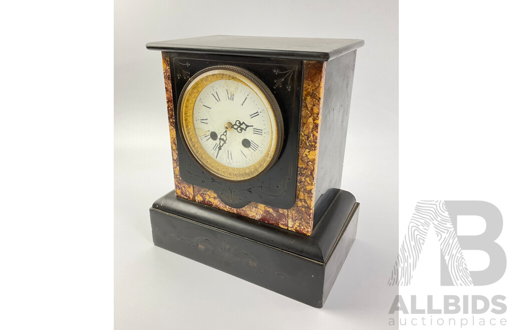 Antique Slate Mantel Clock with Marble Surrounds, Subtle Engravings and Modern Movement