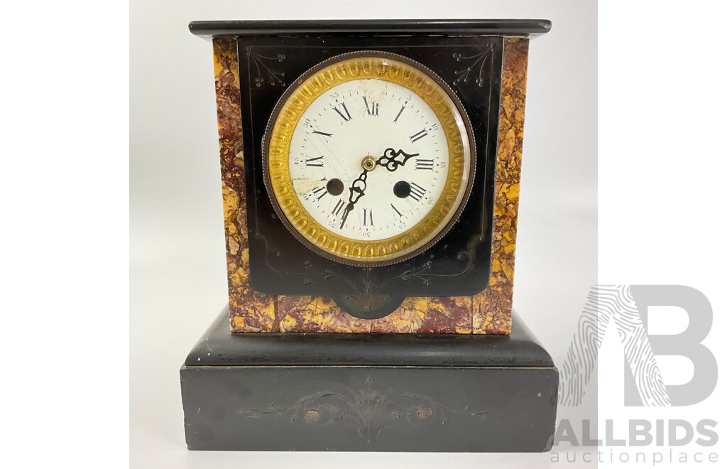 Antique Slate Mantel Clock with Marble Surrounds, Subtle Engravings and Modern Movement