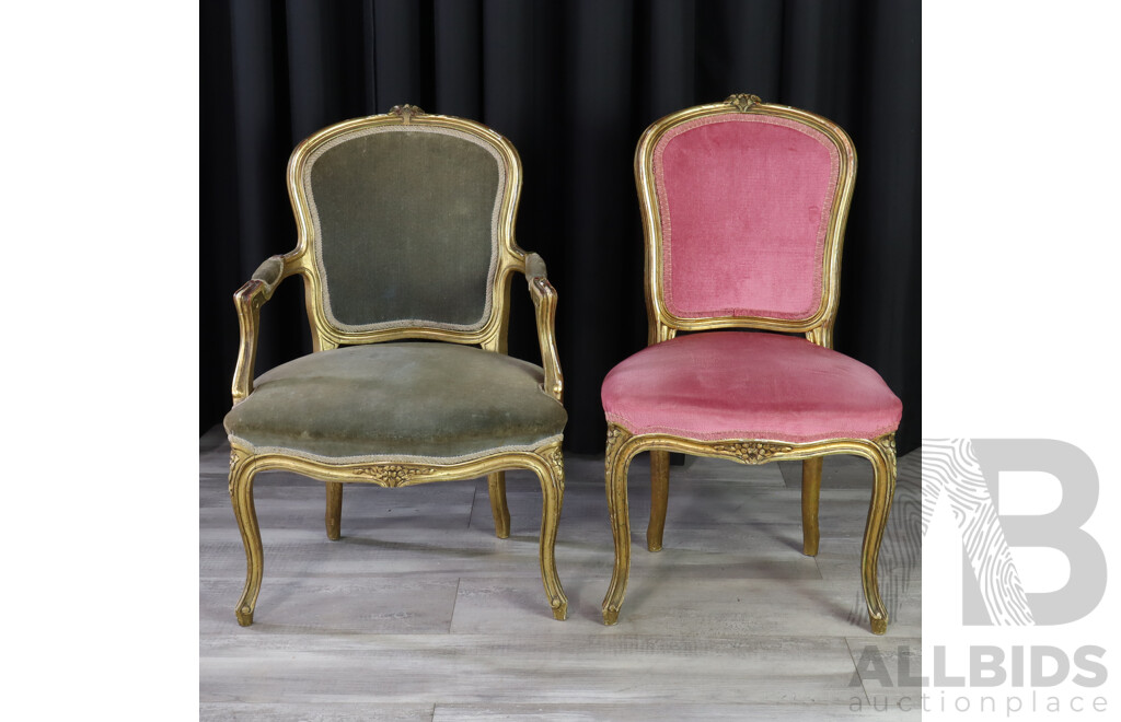 Gilt Queen Anne Style Carver with Matched Dining Chair