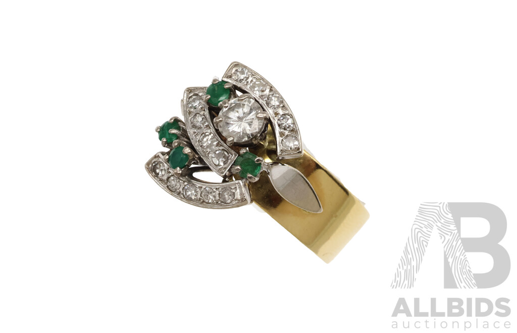 18ct Vintage Diamond & Emerald Cluster Ring, TDW0.50ct/E 0.20ct, Size S, 12.33 Grams