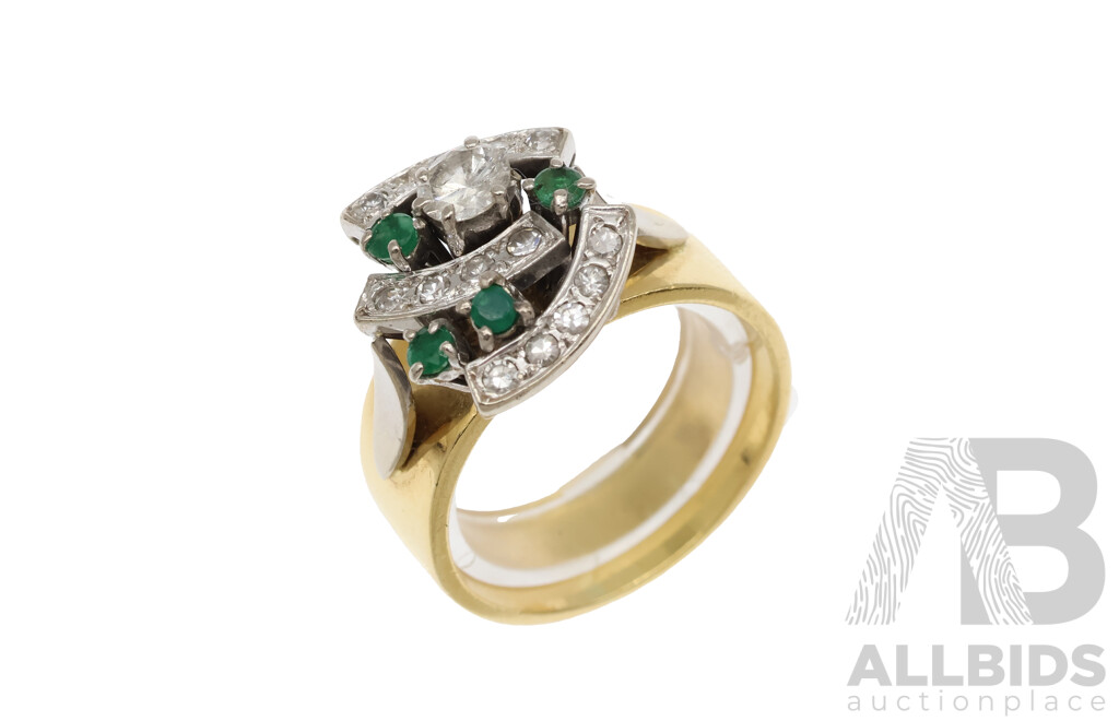 18ct Vintage Diamond & Emerald Cluster Ring, TDW0.50ct/E 0.20ct, Size S, 12.33 Grams