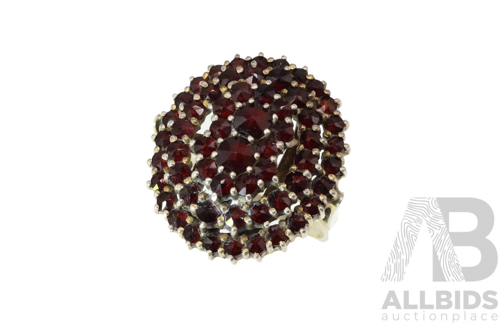 Antique 900 Sterling Silver Bohemian Old Rose Cut Garnet Cluster Ring, Size O, 6.01 Grams