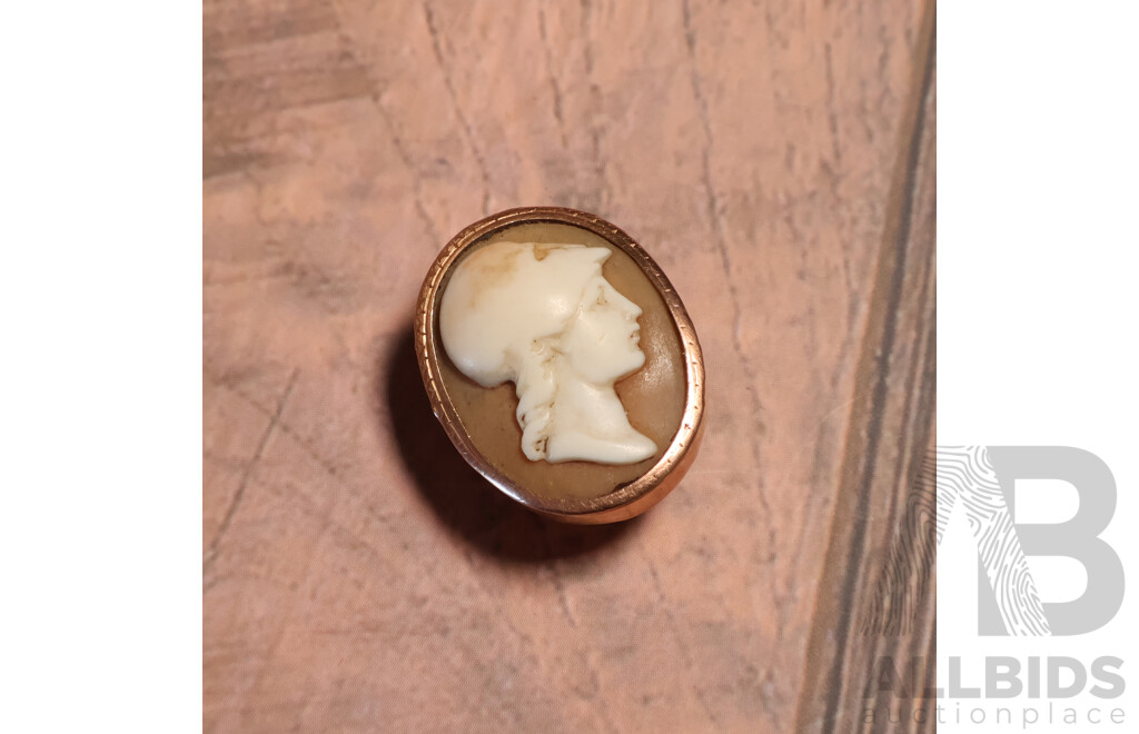 9ct Vintage Shell Cameo Button Brooch, 5.59 Grams