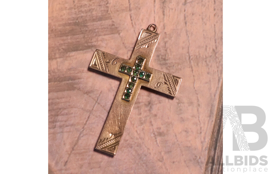 9ct Rose Gold Vintage Cross Pendant with Small Green Sapphires, 42mm X 30mm, 2.94 Grams