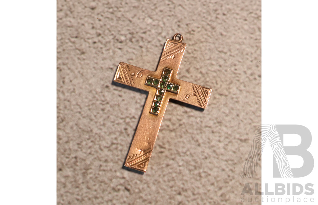 9ct Rose Gold Vintage Cross Pendant with Small Green Sapphires, 42mm X 30mm, 2.94 Grams