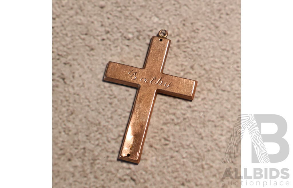 9ct Rose Gold Vintage Cross Pendant with Small Green Sapphires, 42mm X 30mm, 2.94 Grams