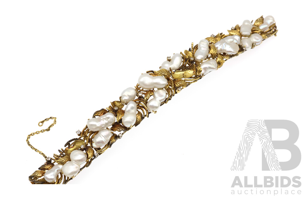 14ct Vintage Keshi Pearl & Diamond Bracelet TDW 0.51ct, 55.95 Grams