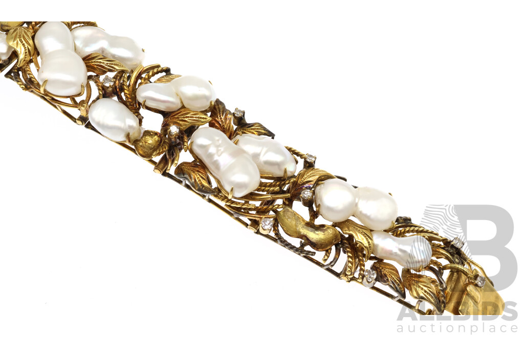 14ct Vintage Keshi Pearl & Diamond Bracelet TDW 0.51ct, 55.95 Grams