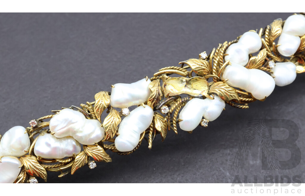 14ct Vintage Keshi Pearl & Diamond Bracelet TDW 0.51ct, 55.95 Grams