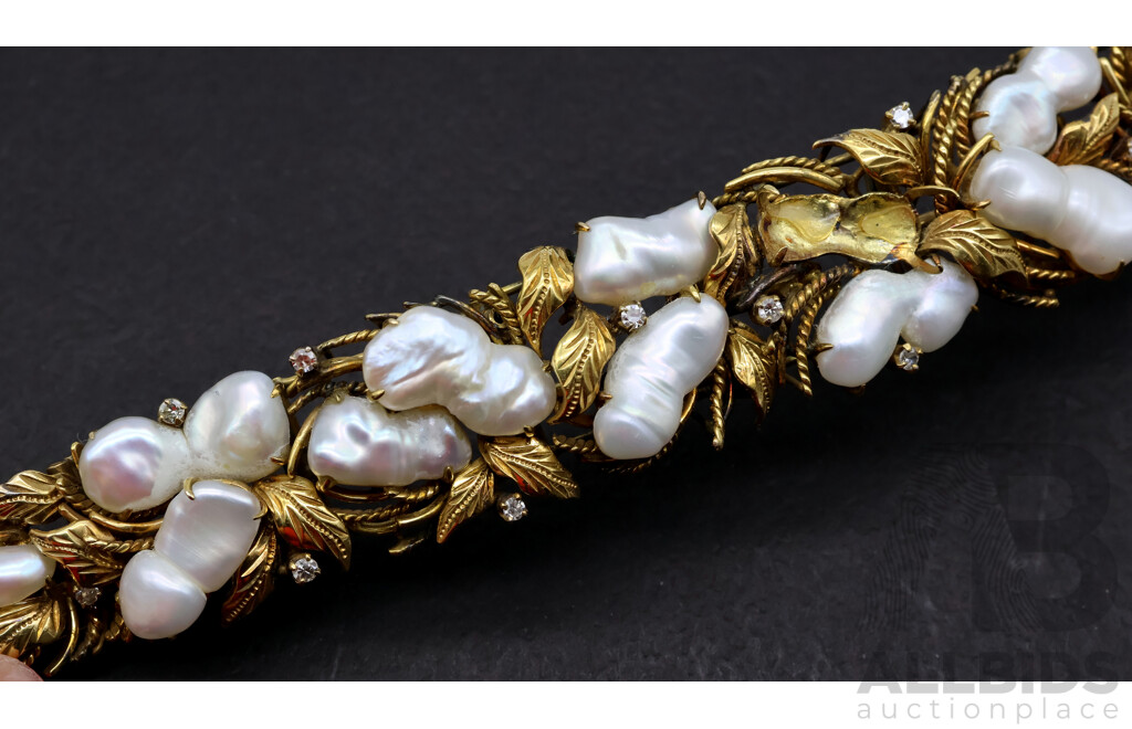 14ct Vintage Keshi Pearl & Diamond Bracelet TDW 0.51ct, 55.95 Grams