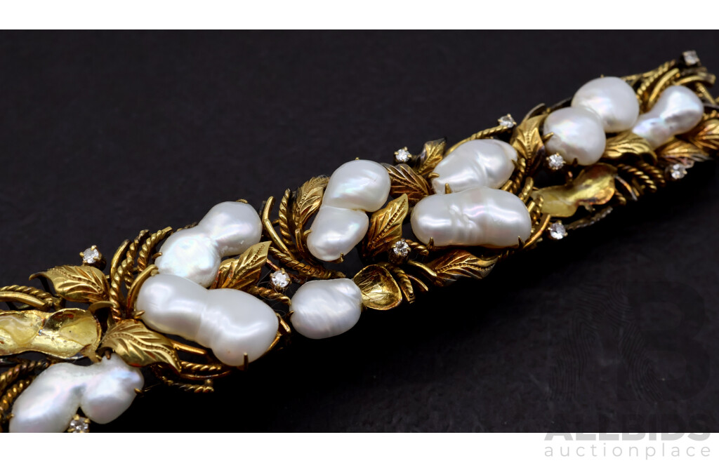 14ct Vintage Keshi Pearl & Diamond Bracelet TDW 0.51ct, 55.95 Grams