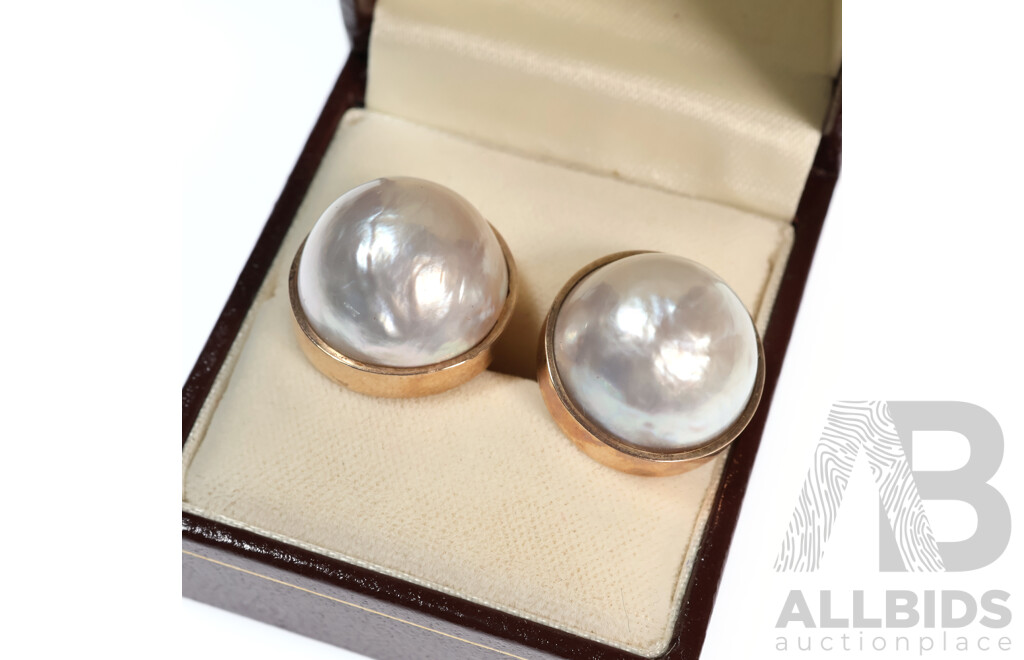 9ct Vintage Japanese Mabe Pearl Stud Earrings, 18mm, 13.48 Grams