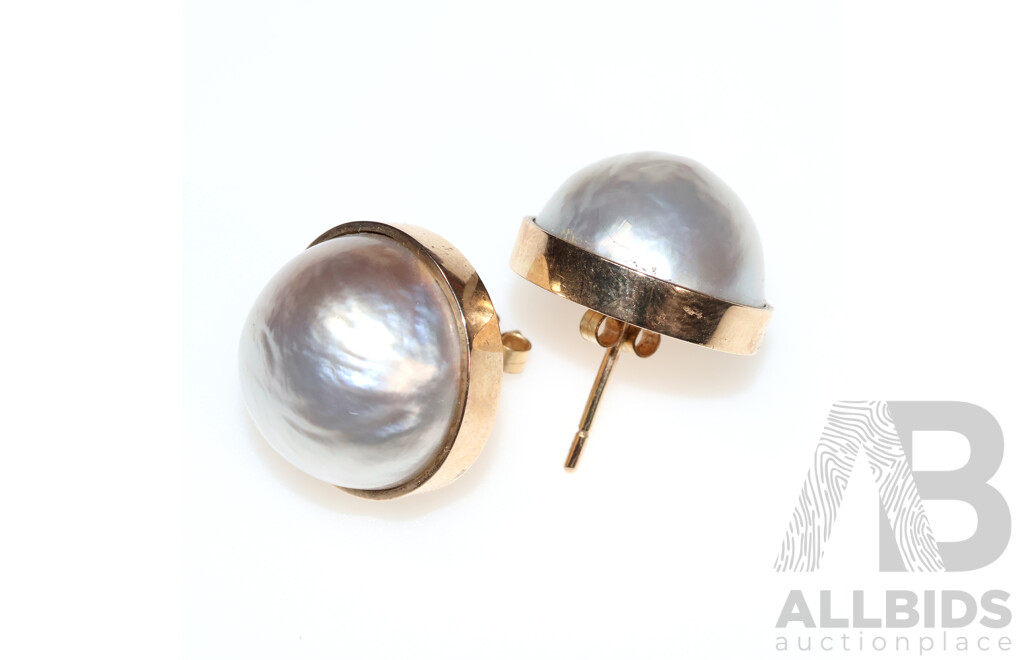 9ct Vintage Japanese Mabe Pearl Stud Earrings, 18mm, 13.48 Grams