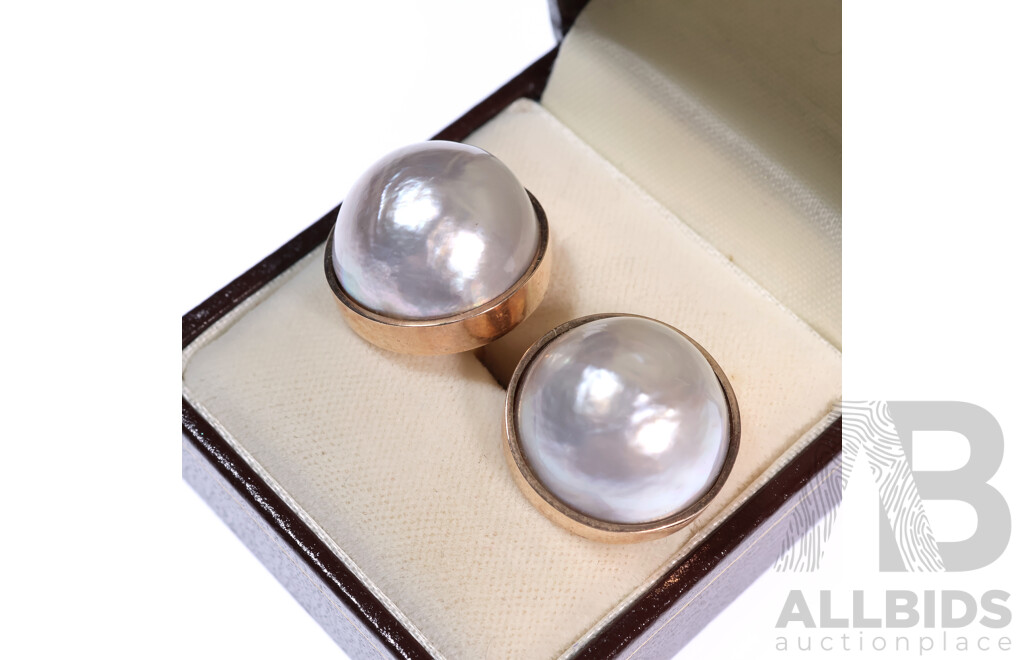 9ct Vintage Japanese Mabe Pearl Stud Earrings, 18mm, 13.48 Grams