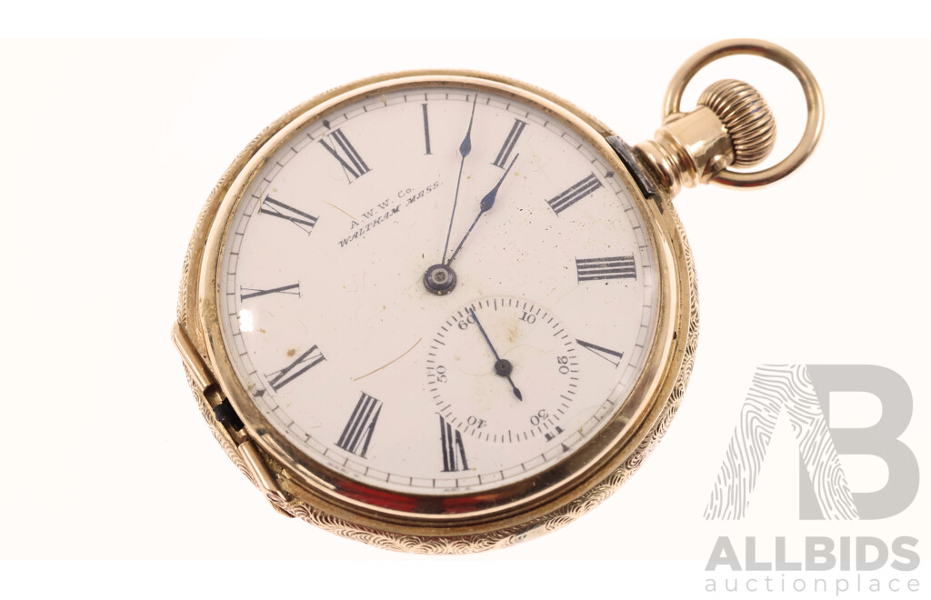 Vintage AWW Co. Waltham Mass 40mm Hunters Pocket Watch Missing Front Casing, Hallmarked 14K, 44.98 Grams Total