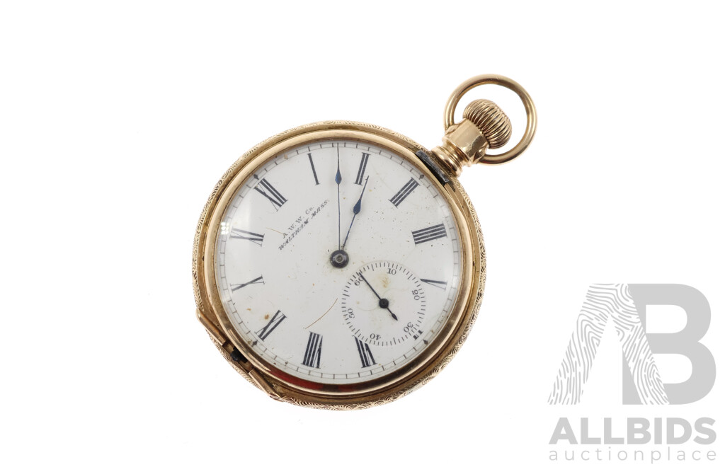 Vintage AWW Co. Waltham Mass 40mm Hunters Pocket Watch Missing Front Casing, Hallmarked 14K, 44.98 Grams Total