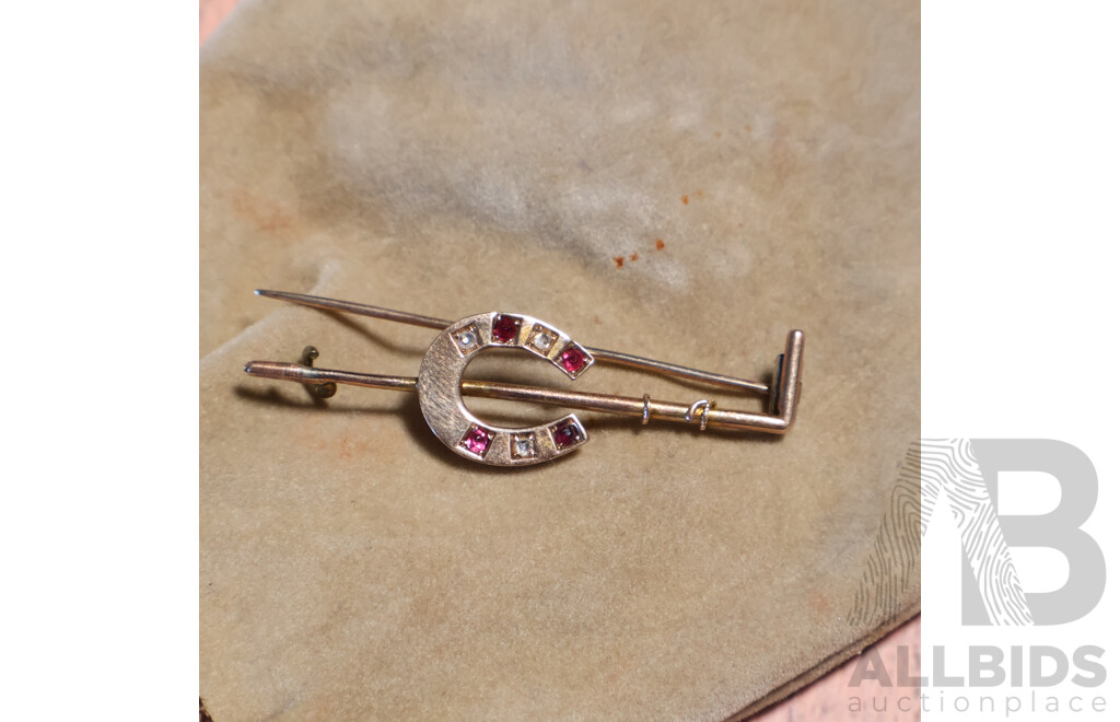 9ct Vintage Rose Gold Horseshoe Brooch with Old Cut Rubies & Diamonds, TDW 0.06ct, 2.63 Grams