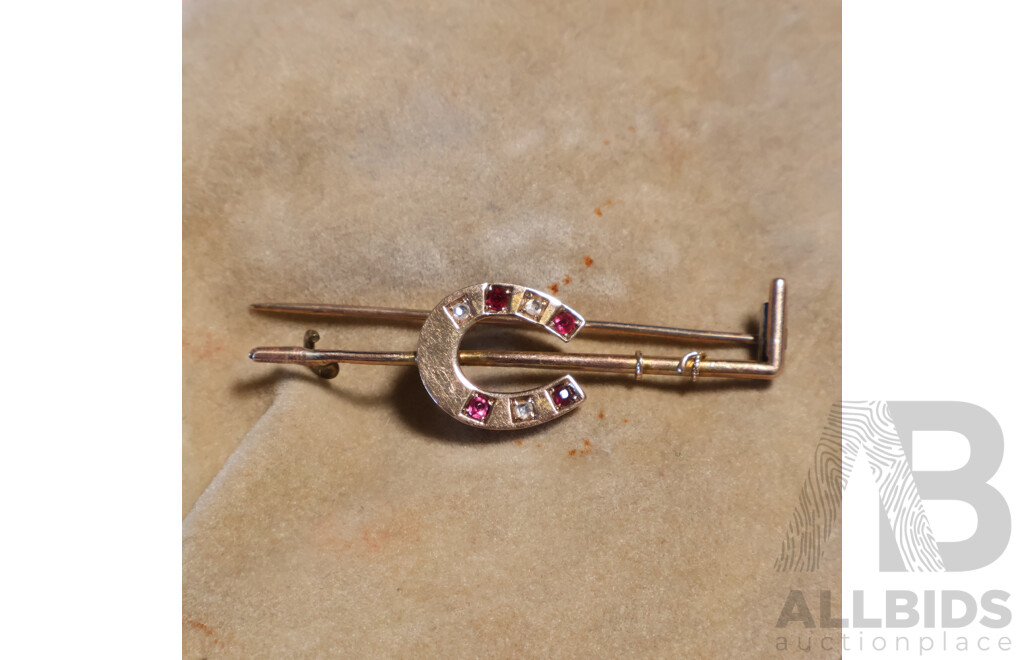 9ct Vintage Rose Gold Horseshoe Brooch with Old Cut Rubies & Diamonds, TDW 0.06ct, 2.63 Grams