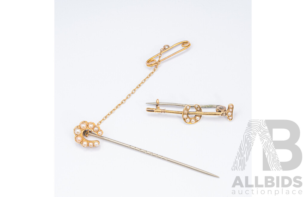 9ct Vintage Horseshoe Pin & Horseshoe Brooch with Seed Pearls, 4.32 Grams