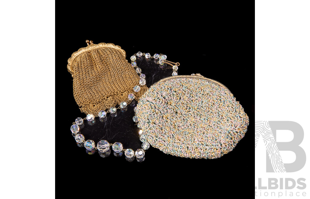 Vintage Gold Tone Mesh Coin Purse, Muted Multi Coloured Coin Purse and Aurora Borealis Crystal Necklace