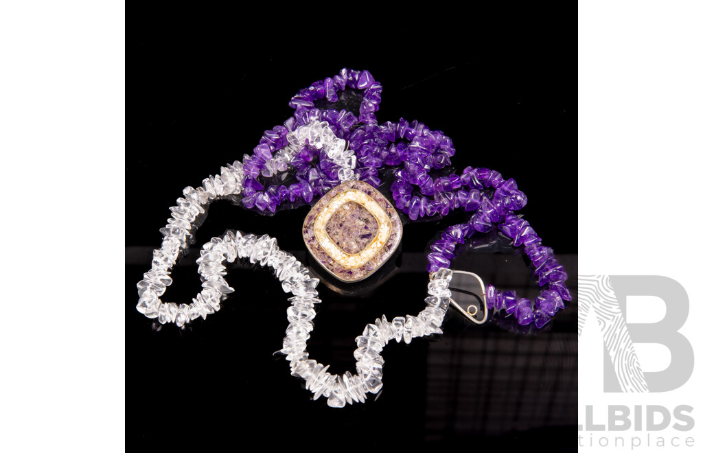 Vintage Triple Strand Necklace with Polished Amethyst & Quartz and Mosaic Clasp, 45cm