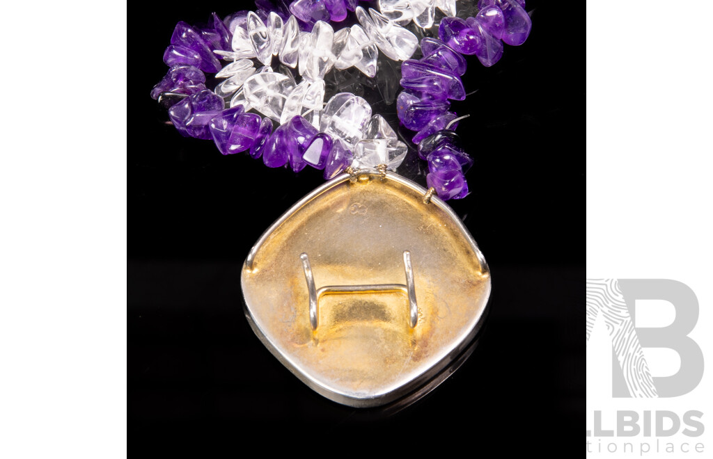 Vintage Triple Strand Necklace with Polished Amethyst & Quartz and Mosaic Clasp, 45cm