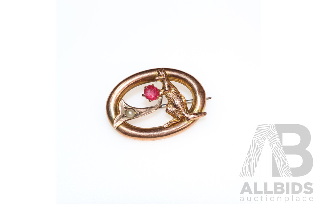 9ct Vintage Brooch with Kangaroo Set with Ruby & Seed Pearl, 23mm X 16mm, 1.40 Grams